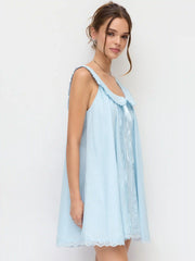 Cotton-blend Scoop Neck Bowknot Oversized Babydoll Mini Dress