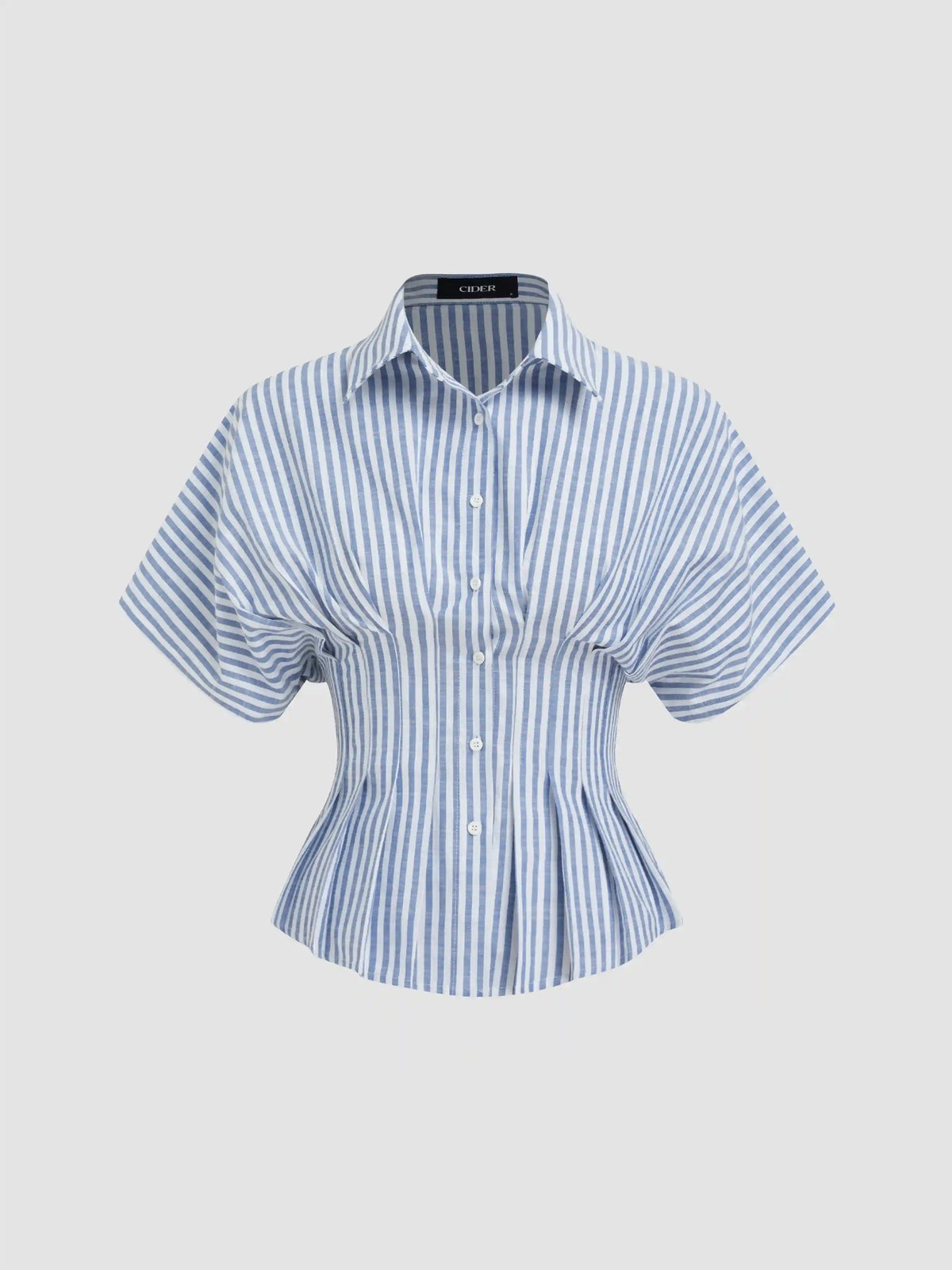 Cotton-blend Collar Stripe Pleated Cinched Waist Shirt