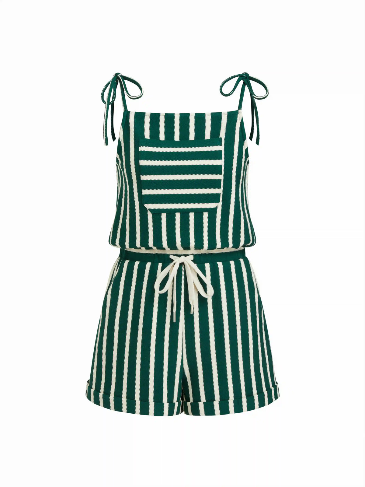 Square Neck Stripe Drawstring Knotted Romper