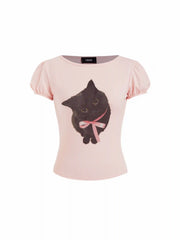 Cotton-blend Cat Print Boat Neck Puff Sleeve Top