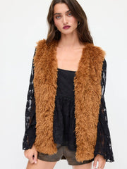 Faux Fur V-neck Solid Jacket Vest
