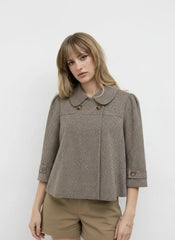 Jacquard Peter Pan Collar Houndstooth Three-quarter Length Sleeve Oversized Blouse