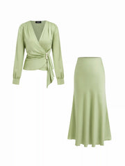 Satin V-neck Draped Pearl Button Top &  Mid Rise Mermaid Maxi Skirt Set
