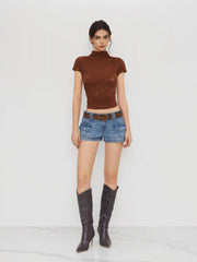 Stretch Cider Denim Low Rise Pocket Micro Shorts