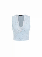 Jacquard V-neck Floral Broderie Anglaise Textured Blouse