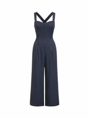 Striped Sweetheart Neck Criss Cross Mid Rise Wide Leg Jumpsuit