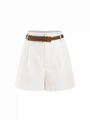 Linen-blend Mid Rise Pleated Shorts With Braided Belt Metal Detail