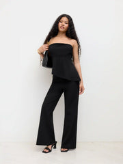 Ruched Asymmetrical Hem Bandeau Top & Mid Rise Flared Trousers Set
