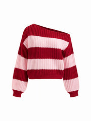 Knit Asymmetrical Neck Striped Oversized Top