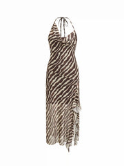 Mesh Zebra Striped Halter Neckline Asymmetric Draped Maxi High-Low Dress