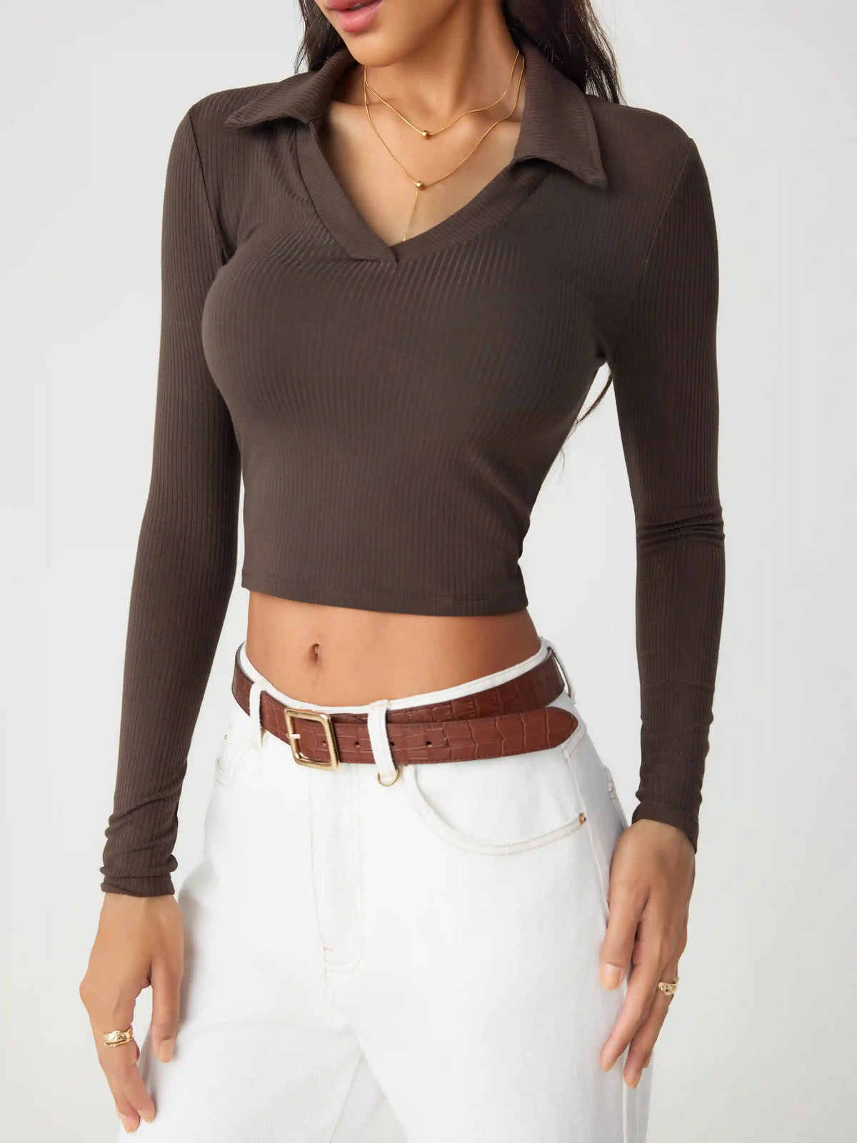 Solid Collar Long Sleeve Crop Top