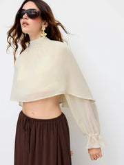 Chiffon Stand Collar Layered Ruffle Sleeve Sheer Crop Blouse