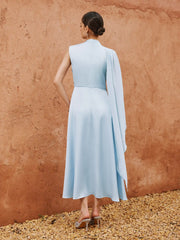 Satin Stand Collar Asymmetrical Draped Mermaid Maxi Dress