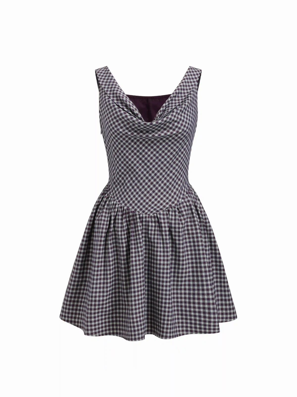 Cowl Neck Plaid Zipper Flared Mini Dress