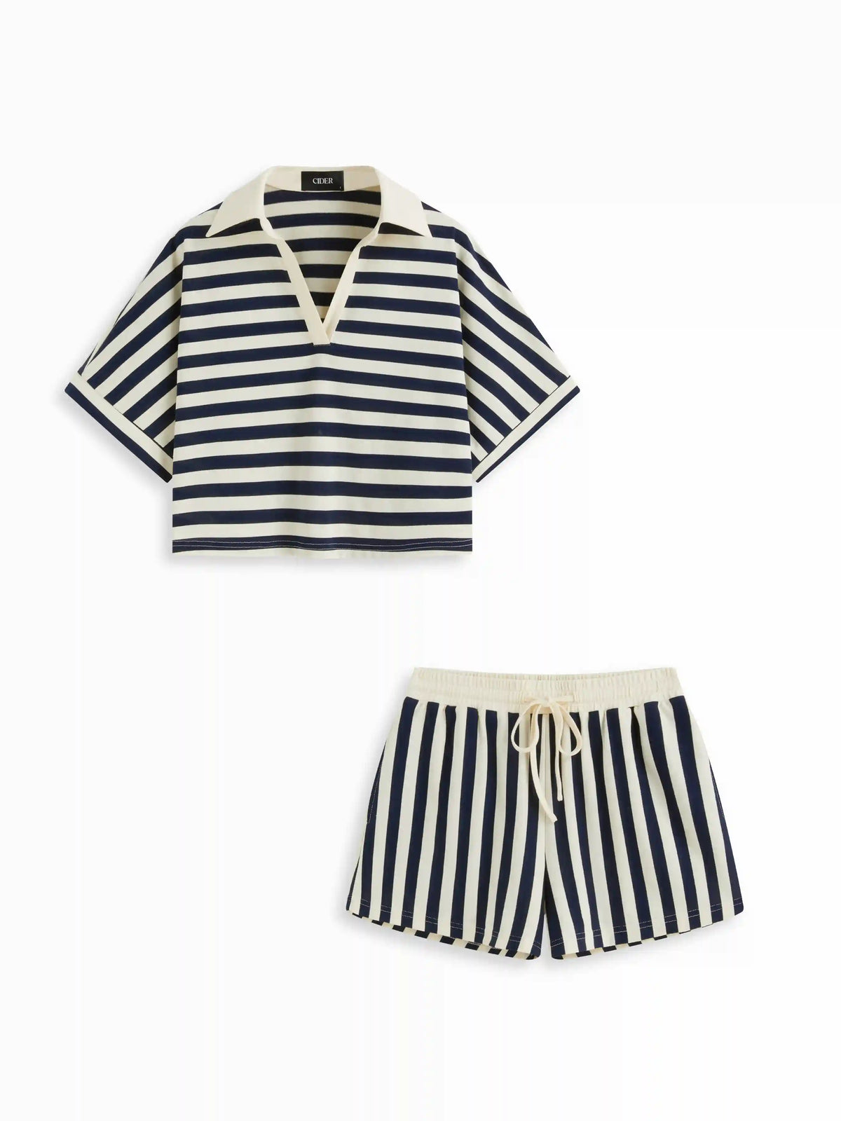 Color-Blocked Stripes Collar Top & Mid Rise Drawstring Shorts Set