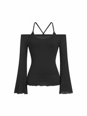 Two Pieces Textured Off-shoulder Bell Sleeve Ruffled Top & Cami Top