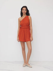 Asymmetrical Neckline Metal Detail Drawstring Knotted Romper