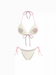 Halter Neckline Shell Beaded Rhinestone Detail Tie Side Bikini Set