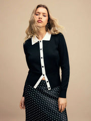 Knit Collar Button Two Tone Long Sleeve Cardigan