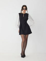 Cotton V-Neck Colorblock Pleated Zipper Lantern Sleeve Mini Dress