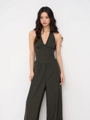 Cotton Halter Neckline Plaid Lettuce Trim Shirred Wide Leg Jumpsuit