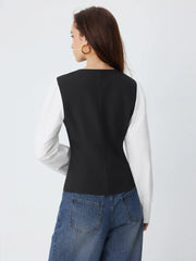 Color-Blocking Lantern Sleeve Cinched Waist Shirt