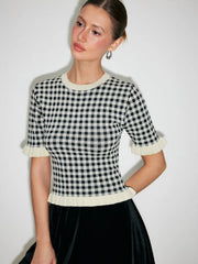 Knit Round Neckline Gingham Contrasting Binding Ruffled Top