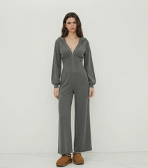 Jersey Hooded Cinched Waist Zipper Jumpsuit