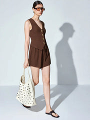 Textured V-neck Metal Detail Top & Mid Rise Drawstring Shorts Set