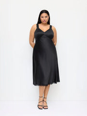 Satin Sweetheart Neckline Lace Trim Midi Dress Curve & Plus