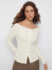 Boat Neck Lettuce Trim Button Knotted Long Sleeve Top