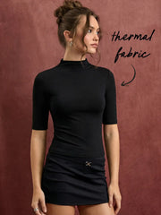 Thermal Cotton-blend Stand Collar Solid Mid-length Sleeve Tee