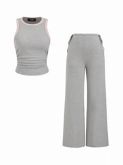 Round Neck Ruched Tank Top & Mid Rise Side Tie Wide Leg Trousers Set
