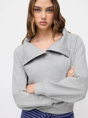 Cotton-blend Asymmetrical Collar Long Sleeve Cinched Waist Sweatshirt