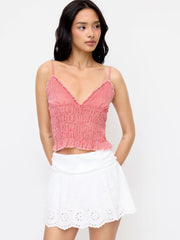 Gingham V-Neck Shirred Ruffled Cami Top
