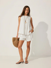 Boat Neck Ruched Sleeveless Top & Mid Rise Wide Leg Shorts Set