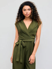 Collar Solid Pocket Wide Leg Jumpsuit With Belt