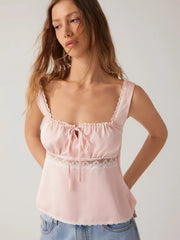 Satin Square Neck Drawstring Lace Trim Tank Top