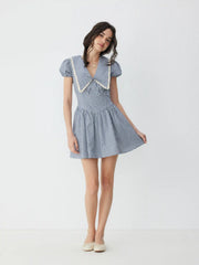 Cotton Gingham Puff Sleeve Asymmetrical Babydoll Mini Dress