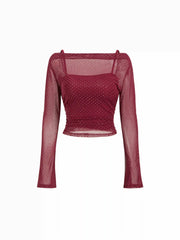 Two-Piece Sheer Rhinestone Long Sleeve Top & Cami Top
