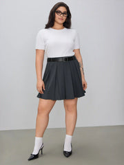 Mid Waist Pleated Mini Skirt With Belt Curve & Plus