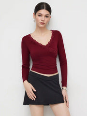 V-neck Solid Lace Trim Ruched Long Sleeve Top