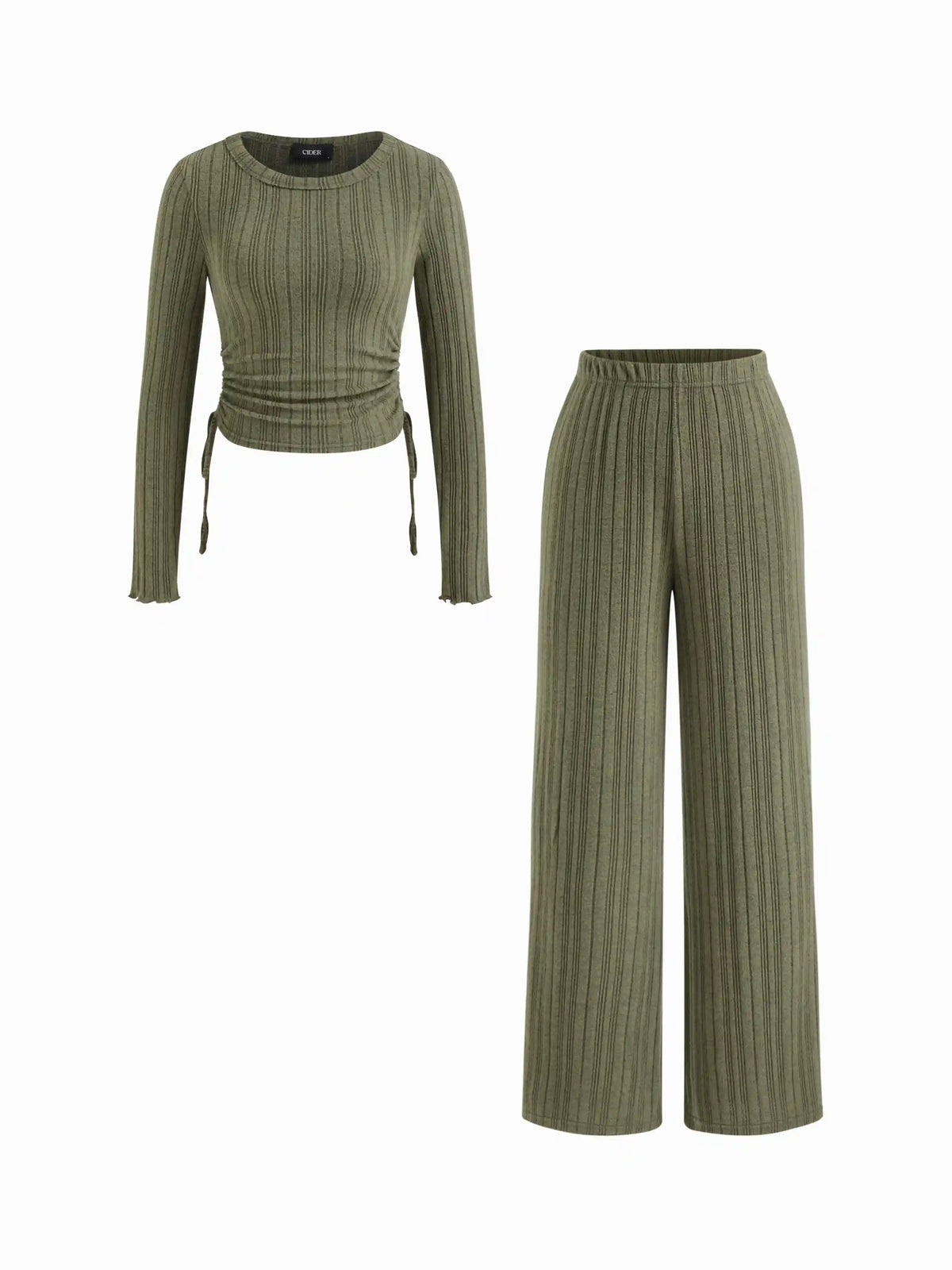 Drawstring Ruched Crop Top & High Rise Straight Leg Trousers Set