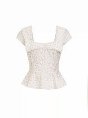 Cotton-blend Floral Square Neck Puff Sleeve Lace Trim Bowknot Peplum Blouse