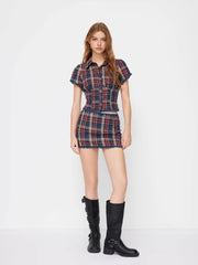 Cotton Plaid Collar Short Sleeve Blouse & Mid Rise Lace Trim Bowknot Mini Skirt Set