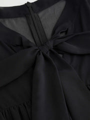 Chiffon Stand Collar Puff Sleeve Bowknot Drawstring Ruffle Romper Curve & Plus