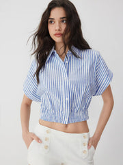 Cotton-blend Stripes Collar Batwing Sleeve Shirred Crop Blouse