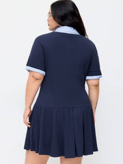 Cotton Collar Stripe Pleated Two Tone Mini Dress Curve & Plus