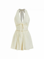 Textured Halter Neckline Lace Insert Bowknot Mid Rise Romper