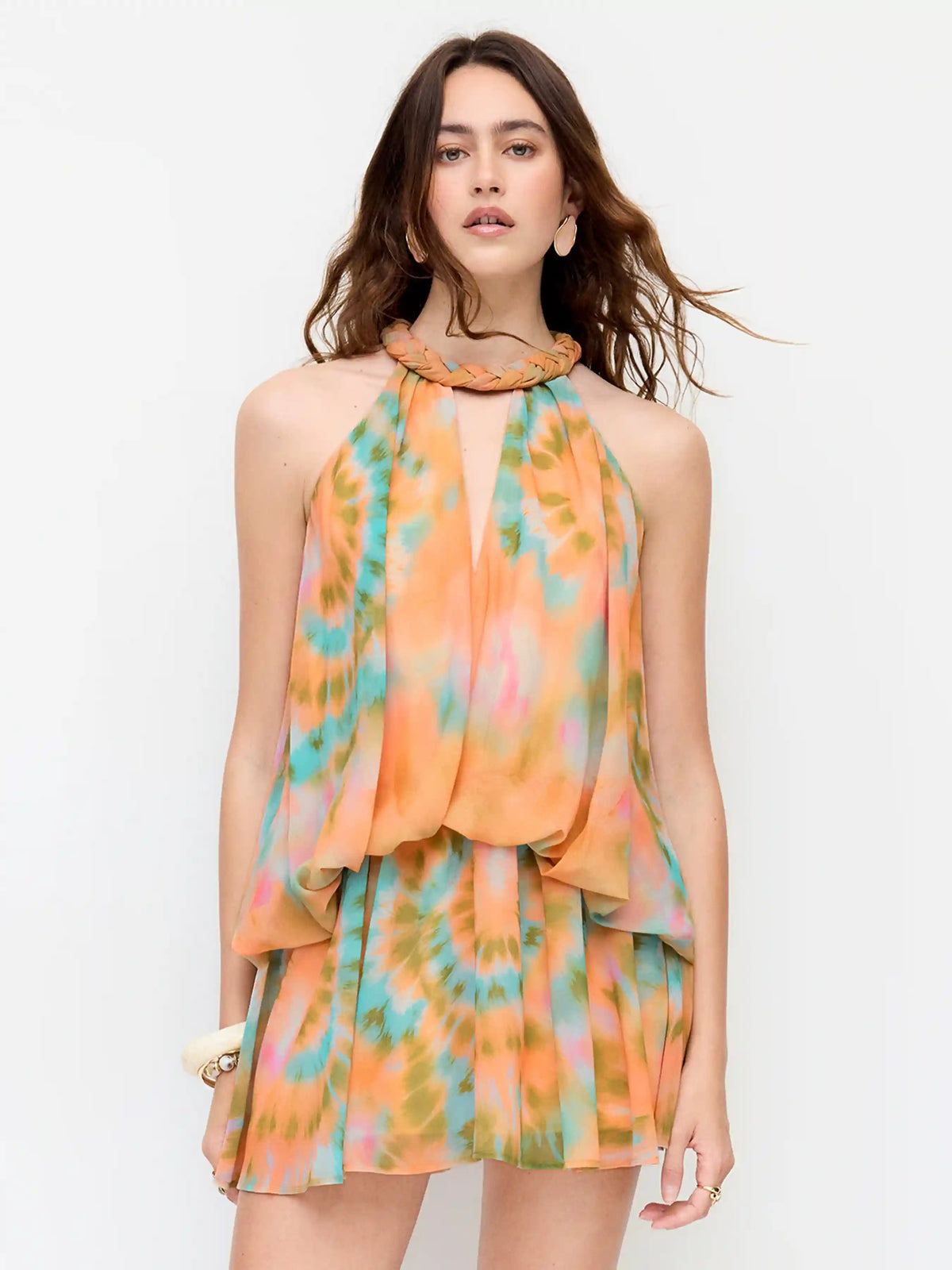 Chiffon Tie Dye Twist Knotted Halter Neck Flared Mini Dress